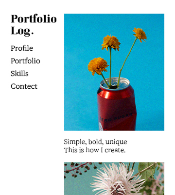 Portfolio Log라는 이름의 개인 포트폴리오 사이트이다. Profile, Portfolio, skills, contect 메뉴를 제공하고 있다. 캔음료에 꽃이 꽂혀있는 이미지가 메인화면에 있다.